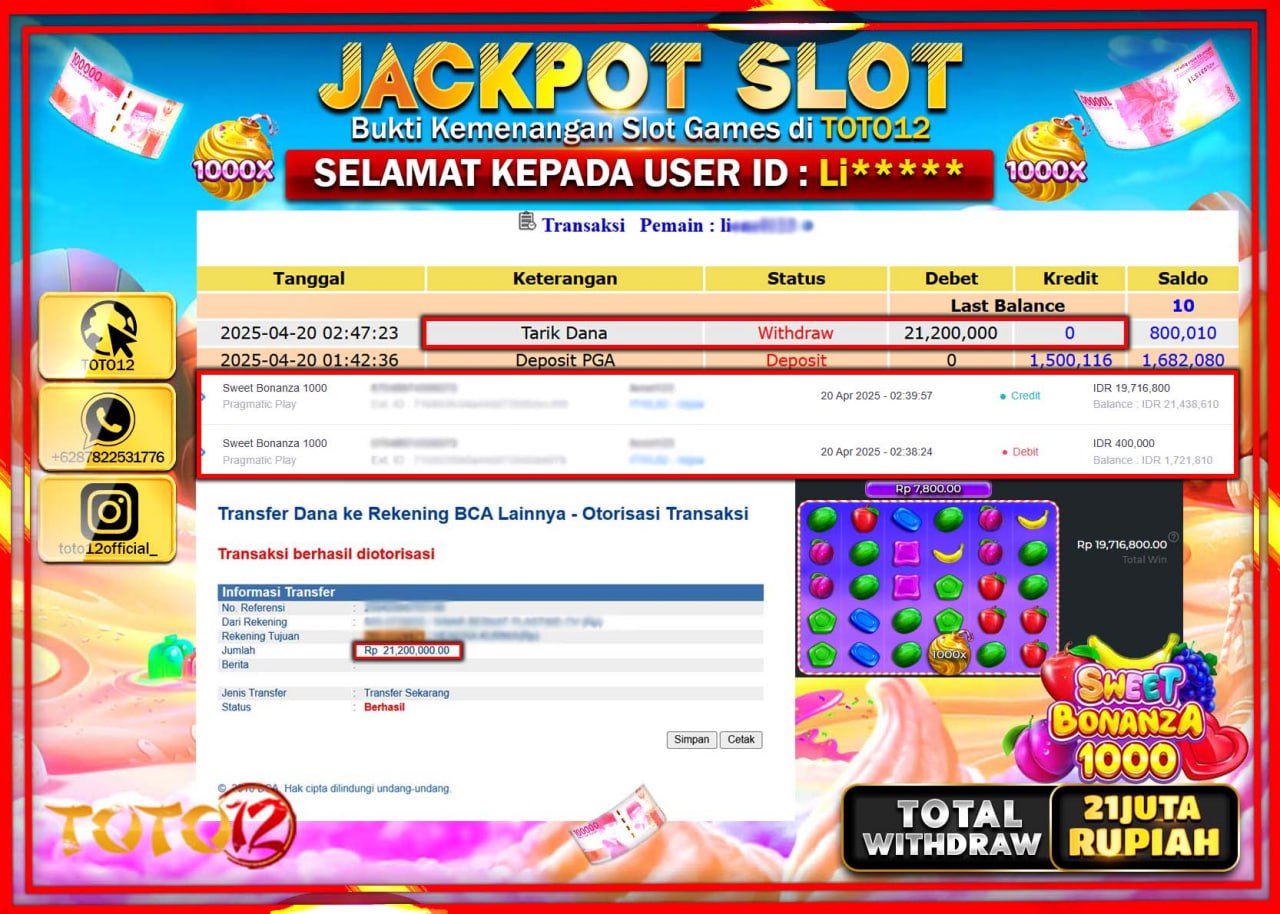 HANYA DI TOTO12 JP PASTI DI BAYAR LUNAS DAN CEPAT!!!!!! JACKPOT SLOT GAME (SWEET BONANZA 1000) Rp.21.000.000 !!!!