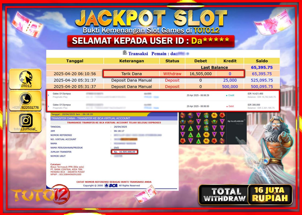 HANYA DI TOTO12 JP PASTI DI BAYAR LUNAS DAN CEPAT!!!!!! JACKPOT SLOT GAME (GATES OF OLYMPUS) Rp.16.000.000 !!!!