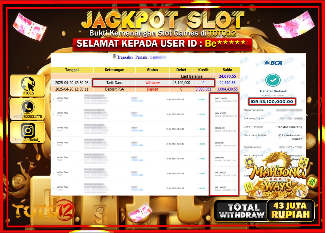 HANYA DI TOTO12 JP PASTI DI BAYAR LUNAS DAN CEPAT!!!!!! JACKPOT SLOT GAME (MAHJONG WAYS) Rp.43.000.000 !!!!