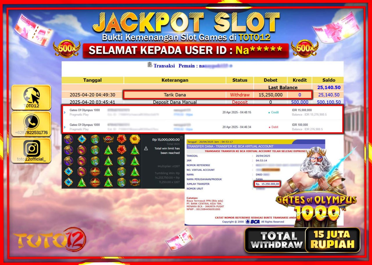 HANYA DI TOTO12 JP PASTI DI BAYAR LUNAS DAN CEPAT!!!!!! JACKPOT SLOT GAME (GATES OF OLYMPUS 1000) Rp.15.000.000 !!!!