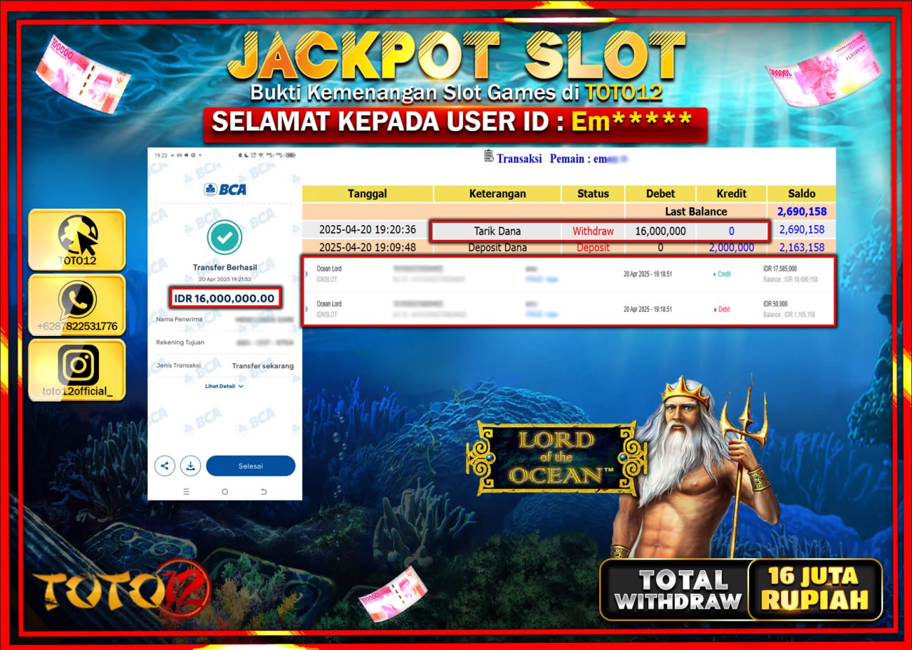 HANYA DI TOTO12 JP PASTI DI BAYAR LUNAS DAN CEPAT!!!!!! JACKPOT SLOT GAME (OCEAN LORD) Rp.16.000.000 !!!!