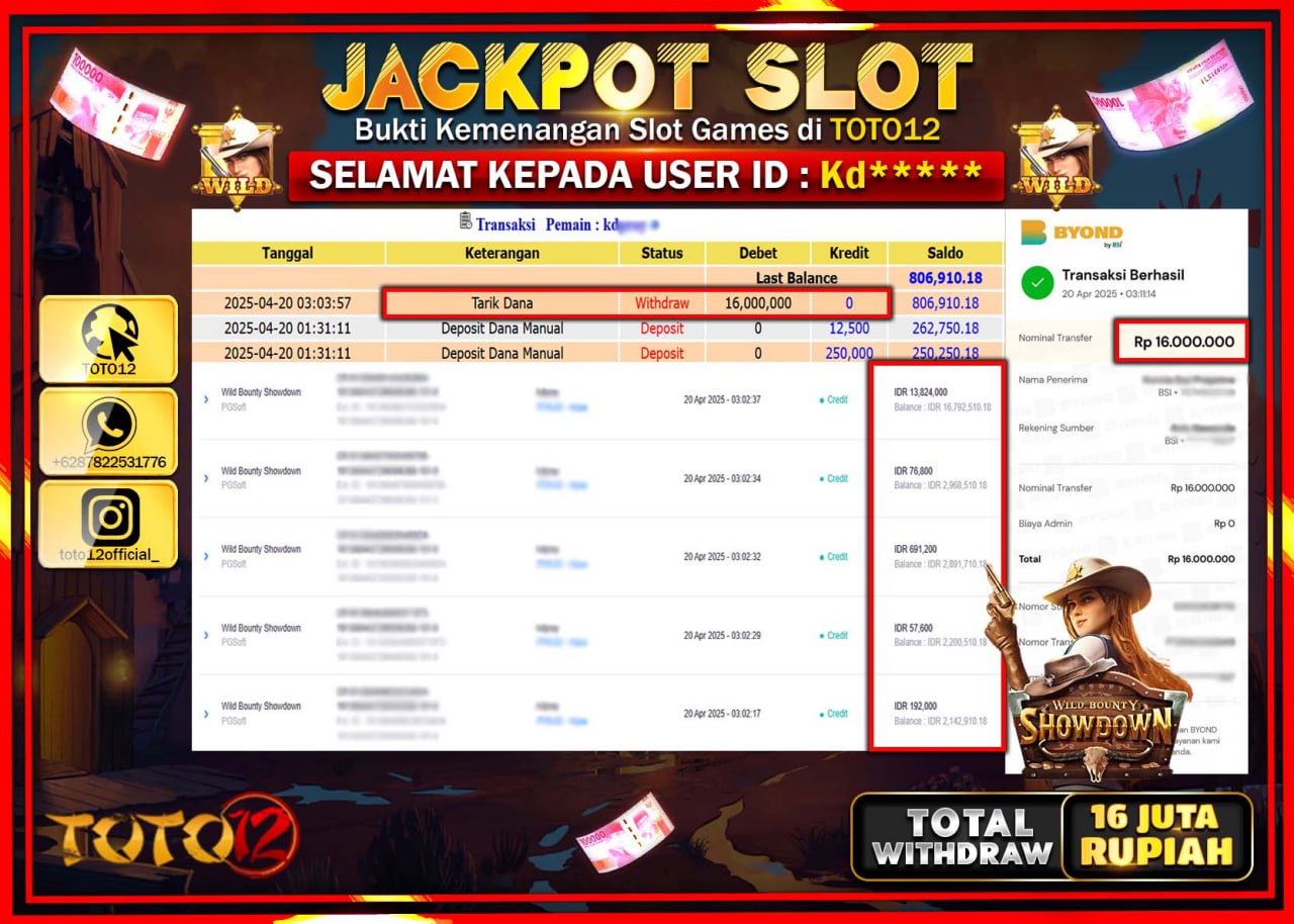 HANYA DI TOTO12 JP PASTI DI BAYAR LUNAS DAN CEPAT!!!!!! JACKPOT SLOT GAME (WILD BOUNTY SHOWDOWN) Rp.16.000.000 !!!!