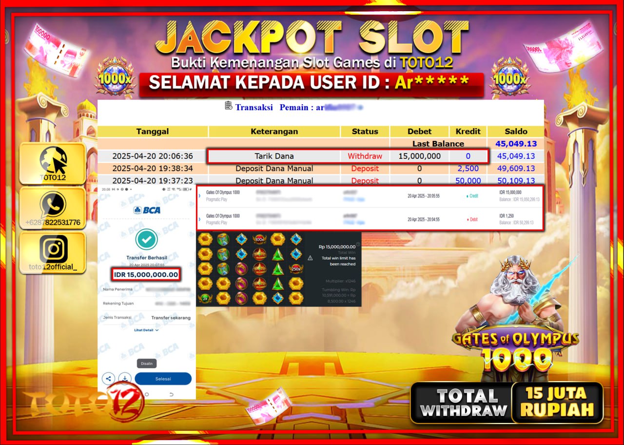 HANYA DI TOTO12 JP PASTI DI BAYAR LUNAS DAN CEPAT!!!!!! JACKPOT SLOT GAME (GATES OF OLYMPUS 1000) Rp.15.000.000 !!!!
