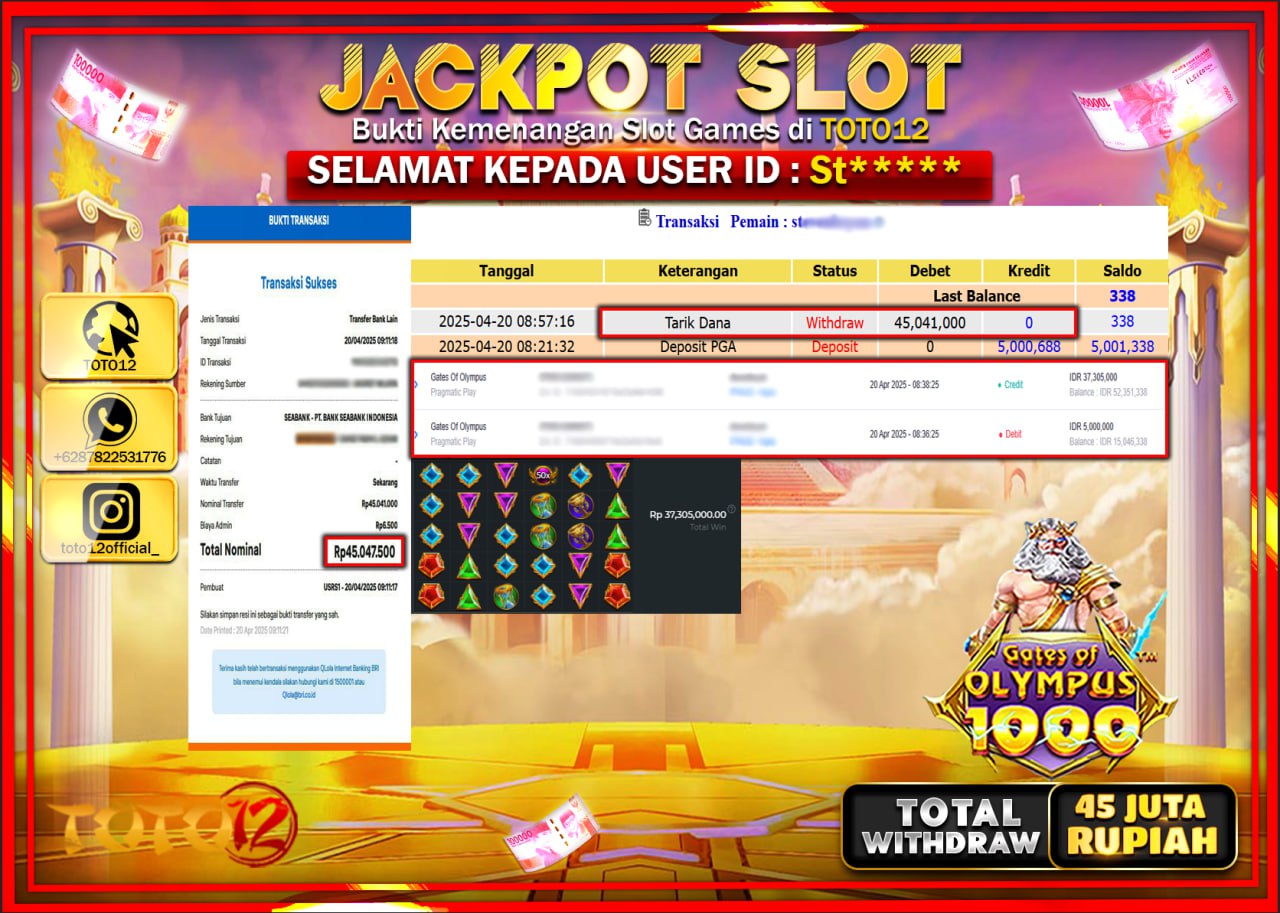 HANYA DI TOTO12 JP PASTI DI BAYAR LUNAS DAN CEPAT!!!!!! JACKPOT SLOT GAME (GATES OF OLYMPUS 1000) Rp.45.000.000 !!!!