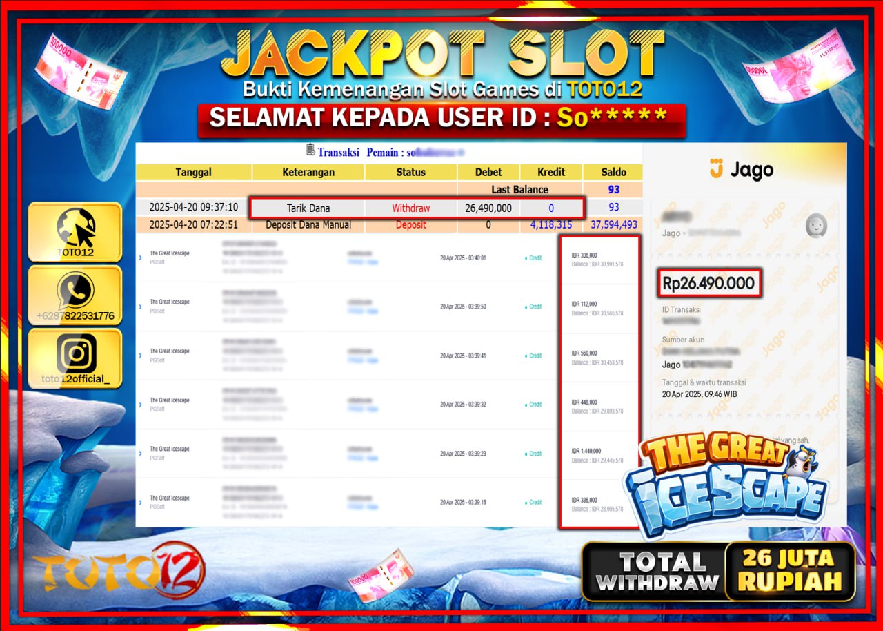 HANYA DI TOTO12 JP PASTI DI BAYAR LUNAS DAN CEPAT!!!!!! JACKPOT SLOT GAME (THE GREAT ICE SCAPE) Rp.26.000.000 !!!!