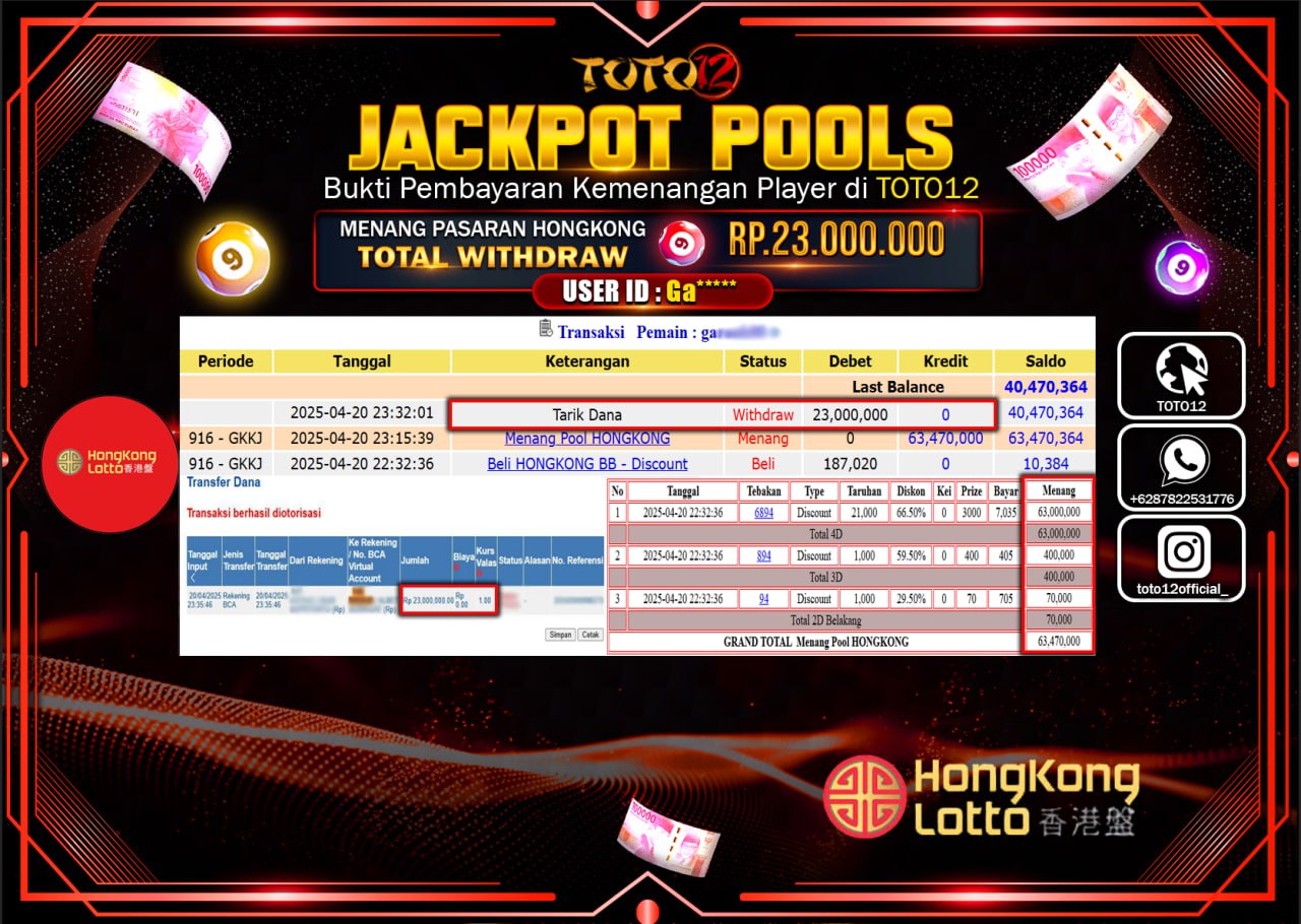HANYA DI TOTO12 JP PASTI DI BAYAR LUNAS DAN CEPAT!!!!!! JACKPOT POOLS PASARAN (HONGKONG) Rp.23.000.000 !!!!