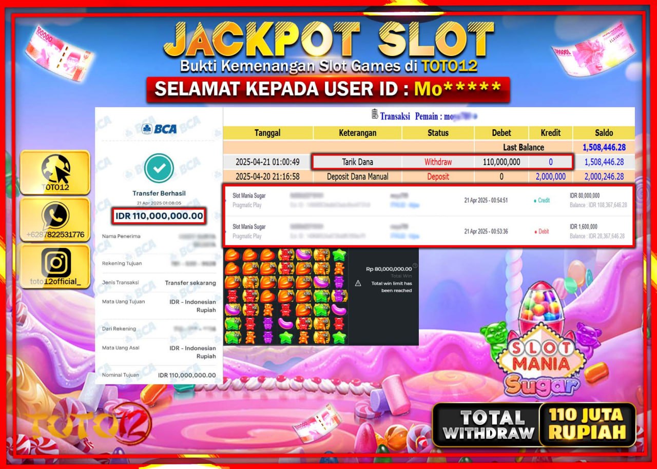 HANYA DI TOTO12 JP PASTI DI BAYAR LUNAS DAN CEPAT!!!!!! JACKPOT SLOT GAME (SLOT MANIA SUGAR) Rp.110.000.000 !!!!