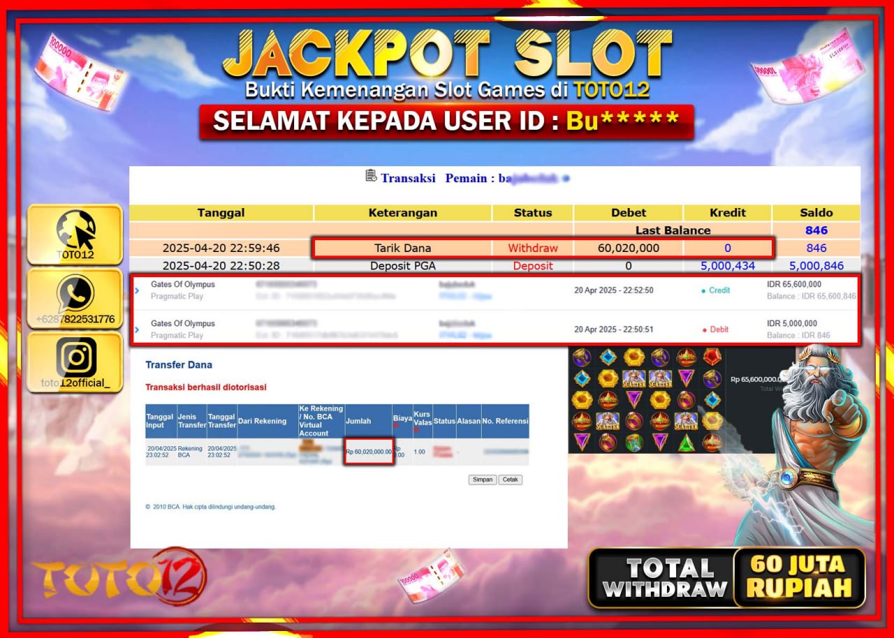 HANYA DI TOTO12 JP PASTI DI BAYAR LUNAS DAN CEPAT!!!!!! JACKPOT SLOT GAME (GATES OF OLYMPUS) Rp.60.000.000 !!!!