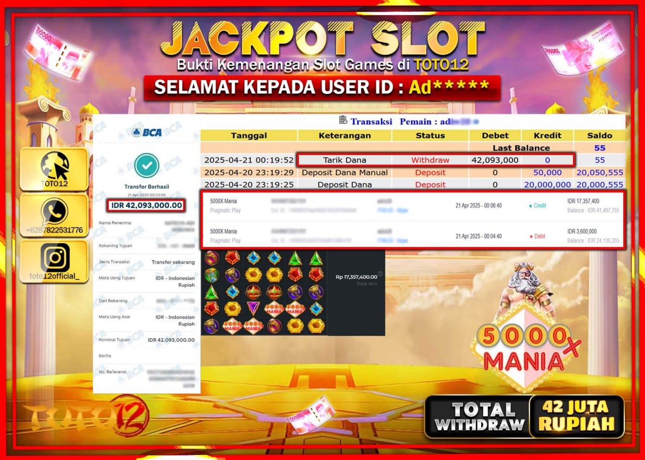 HANYA DI TOTO12 JP PASTI DI BAYAR LUNAS DAN CEPAT!!!!!! JACKPOT SLOT GAME (5000X MANIA) Rp.42.000.000 !!!!