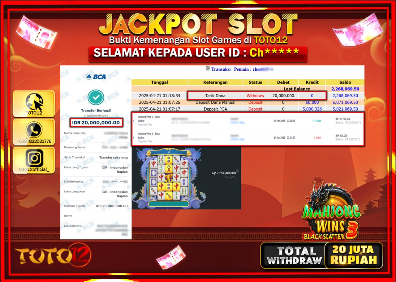 HANYA DI TOTO12 JP PASTI DI BAYAR LUNAS DAN CEPAT!!!!!! JACKPOT SLOT GAME (MAHJONG WINS 3 BLACK SCATTER) Rp.20.000.000 !!!!