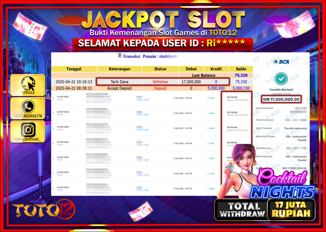 HANYA DI TOTO12 JP PASTI DI BAYAR LUNAS DAN CEPAT!!!!!! JACKPOT SLOT GAME (COCKTAIL NIGHTS) Rp.17.000.000 !!!!
