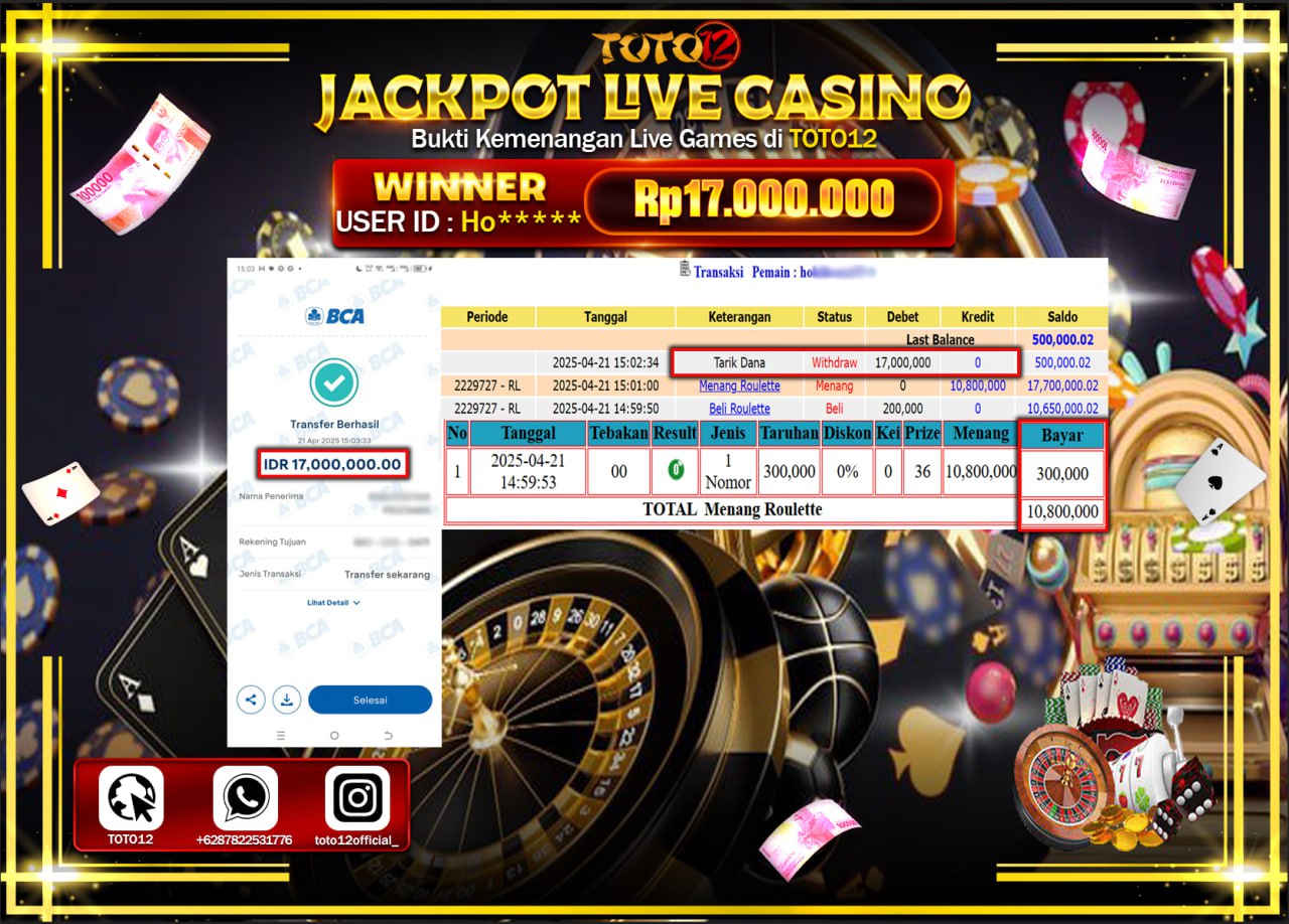 HANYA DI TOTO12 JP PASTI DI BAYAR LUNAS DAN CEPAT!!!!!! JACKPOT LIVE GAMES CASINO (ROULETTE) Rp.17.000.000 !!!!