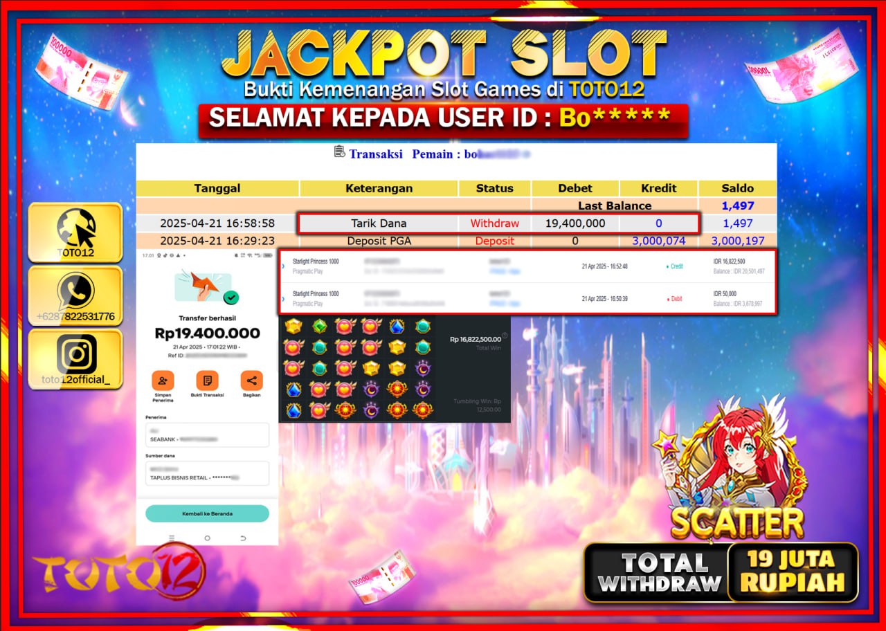HANYA DI TOTO12 JP PASTI DI BAYAR LUNAS DAN CEPAT!!!!!! JACKPOT SLOT GAME (STARLIGHT PRINCESS 1000) Rp.19.000.000 !!!!