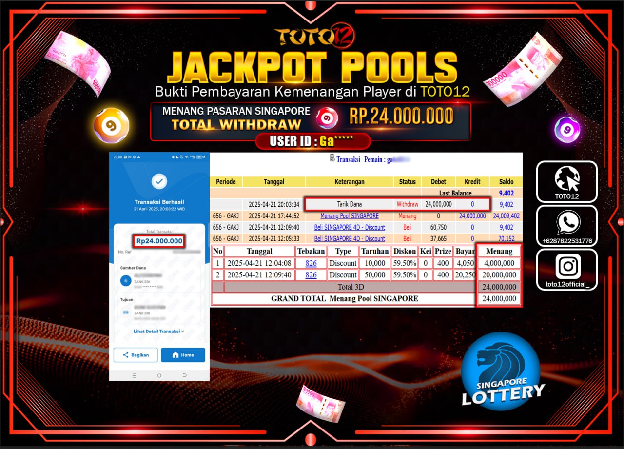HANYA DI TOTO12 JP PASTI DI BAYAR LUNAS DAN CEPAT!!!!!! JACKPOT POOLS PASARAN (SINGAPORE) Rp.24.000.000 !!!!