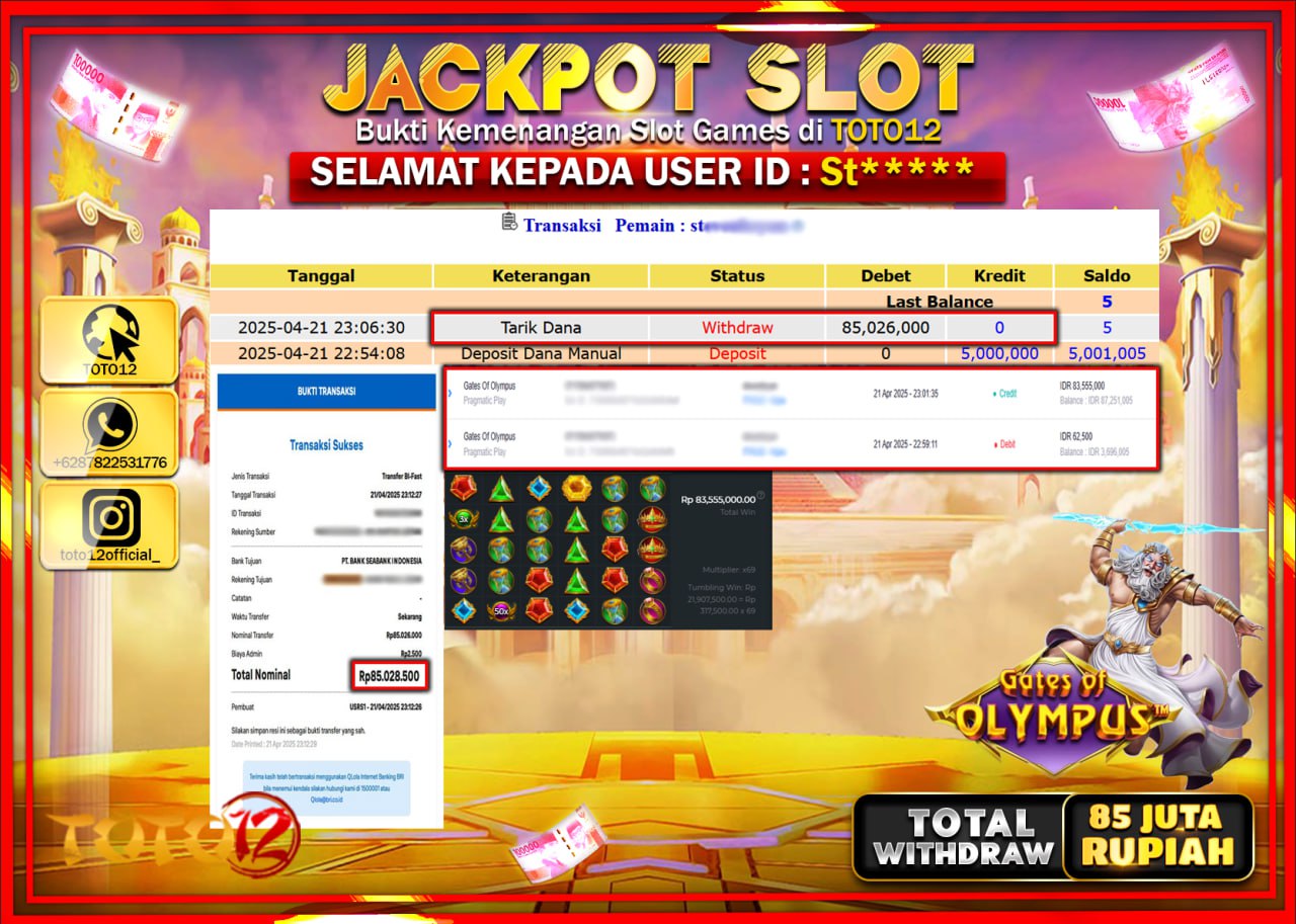 HANYA DI TOTO12 JP PASTI DI BAYAR LUNAS DAN CEPAT!!!!!! JACKPOT SLOT GAME (GATES OF OLYMPUS) Rp.85.000.000 !!!!