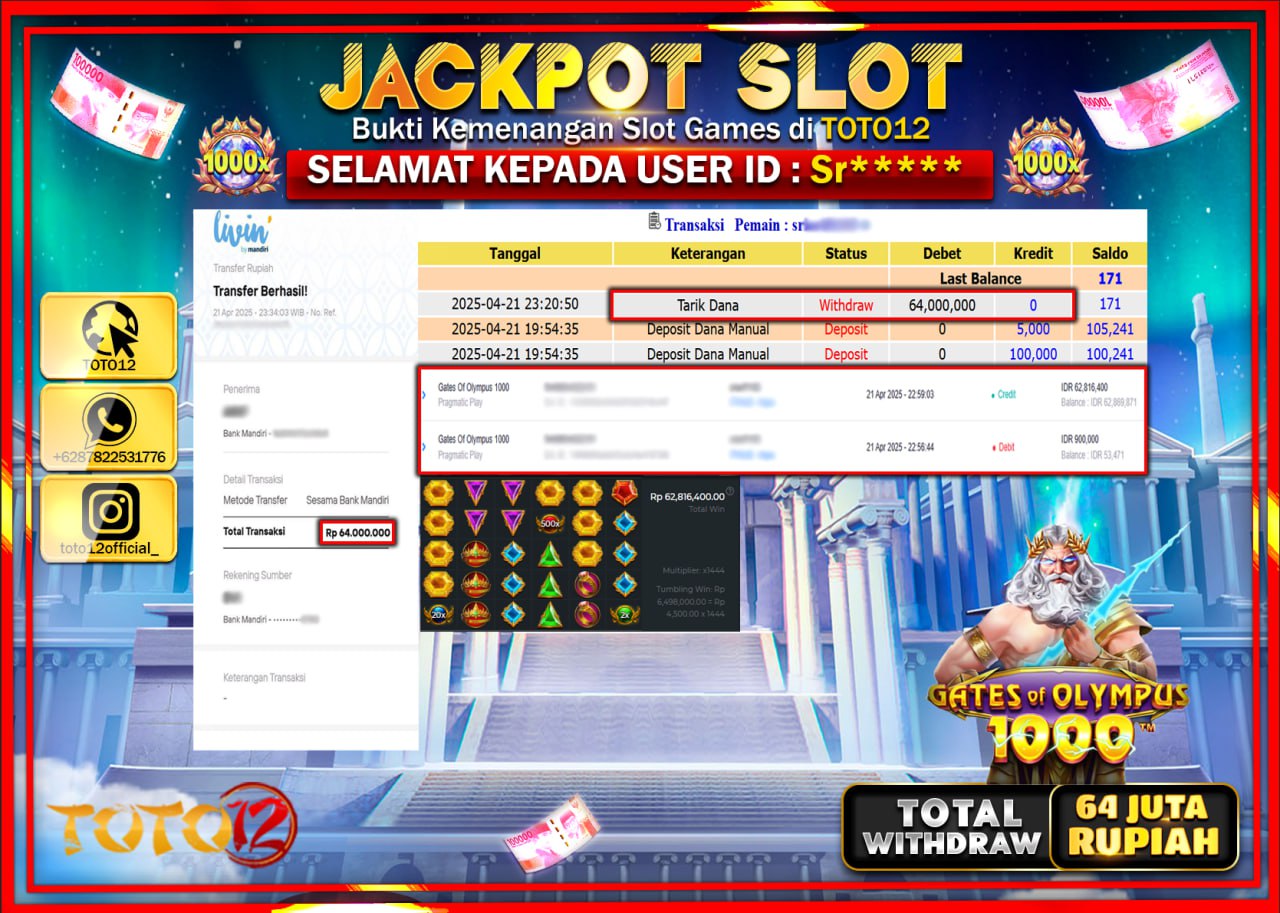 HANYA DI TOTO12 JP PASTI DI BAYAR LUNAS DAN CEPAT!!!!!! JACKPOT SLOT GAME (GATES OF OLYMPUS 1000) Rp.64.000.000 !!!!