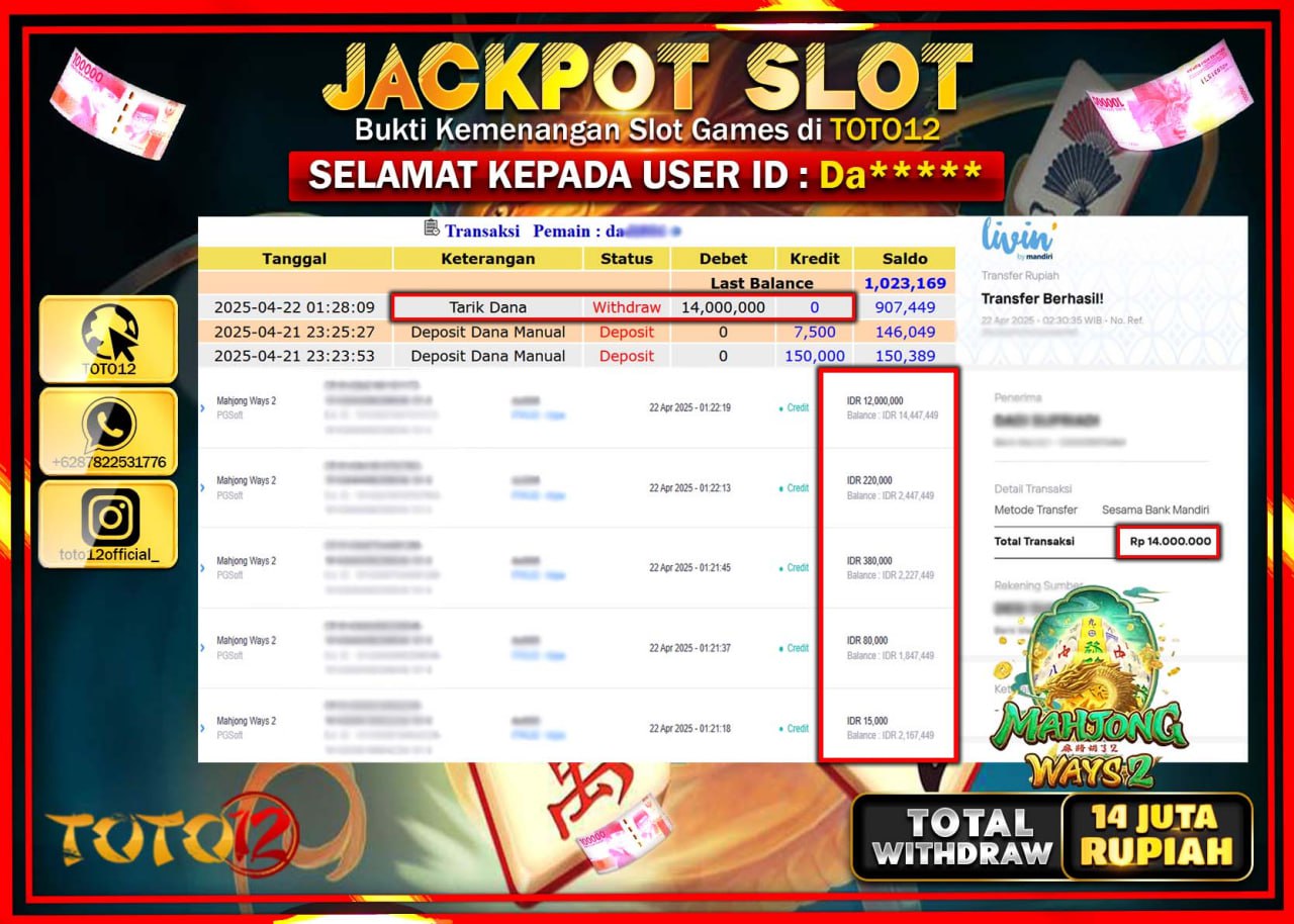 HANYA DI TOTO12 JP PASTI DI BAYAR LUNAS DAN CEPAT!!!!!! JACKPOT SLOT GAME (MAHJONG WAYS 2) Rp.14.000.000 !!!!