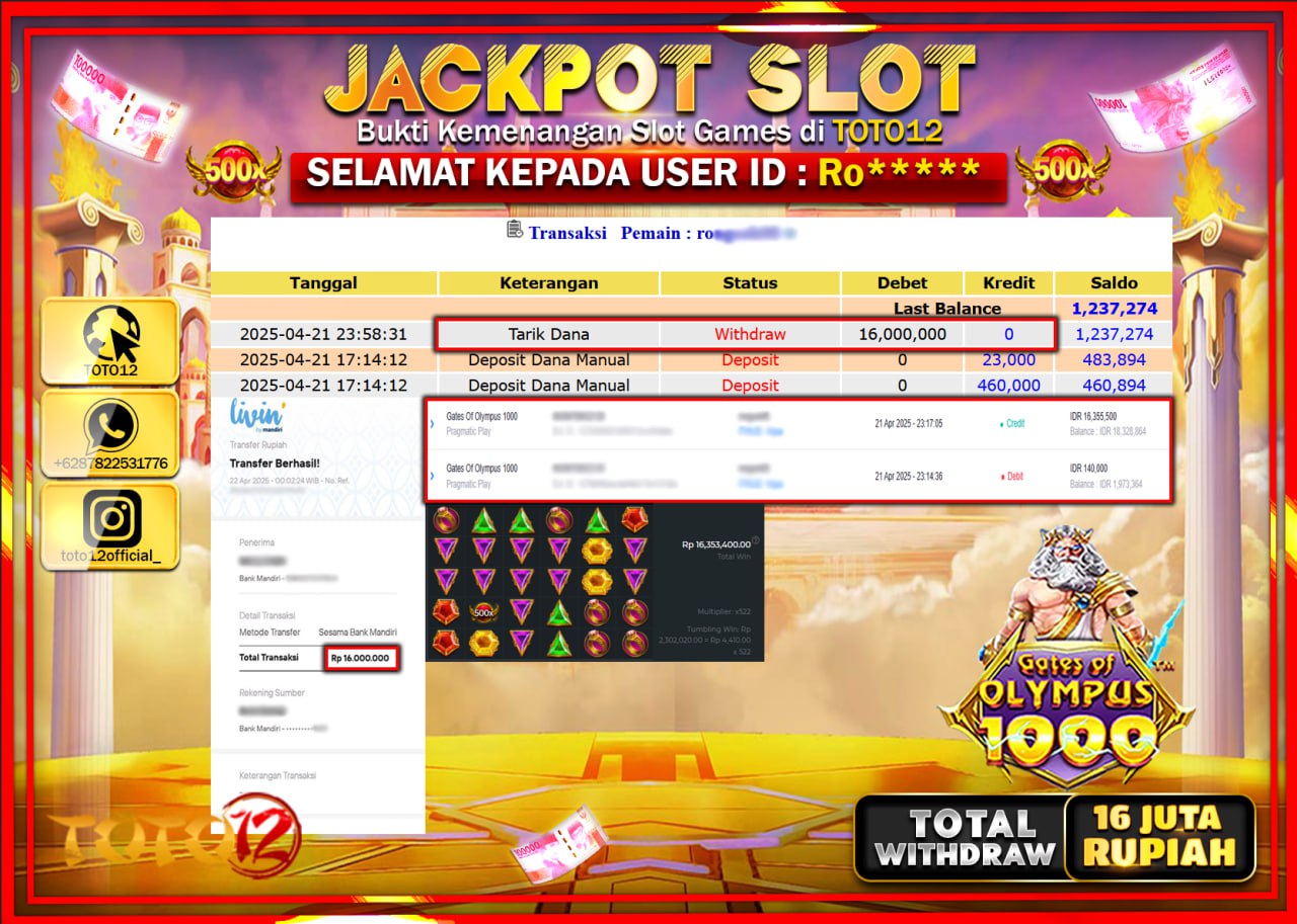 HANYA DI TOTO12 JP PASTI DI BAYAR LUNAS DAN CEPAT!!!!!! JACKPOT SLOT GAME (GATES OF OLYMPUS 1000) Rp.16.000.000 !!!!