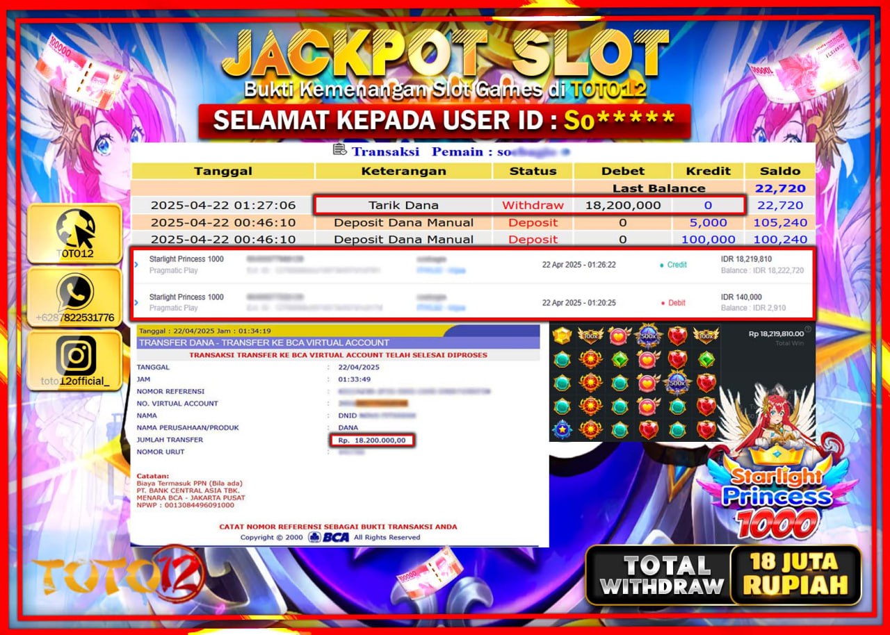 HANYA DI TOTO12 JP PASTI DI BAYAR LUNAS DAN CEPAT!!!!!! JACKPOT SLOT GAME (STARLIGHT PRINCESS 1000) Rp.18.000.000 !!!!