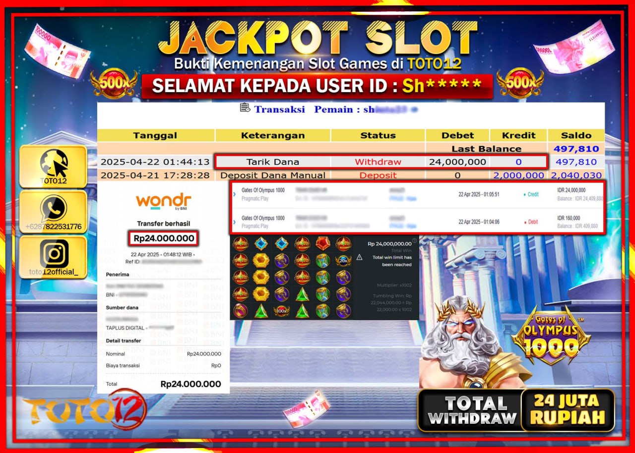 HANYA DI TOTO12 JP PASTI DI BAYAR LUNAS DAN CEPAT!!!!!! JACKPOT SLOT GAME (GATES OF OLYMPUS 1000) Rp.24.000.000 !!!!