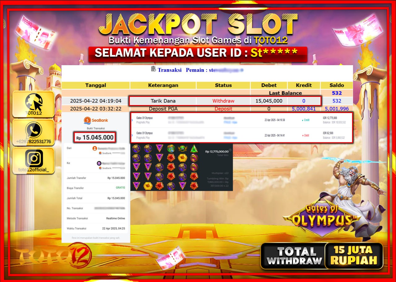 HANYA DI TOTO12 JP PASTI DI BAYAR LUNAS DAN CEPAT!!!!!! JACKPOT SLOT GAME (GATES OF OLYMPUS) Rp.15.000.000 !!!!
