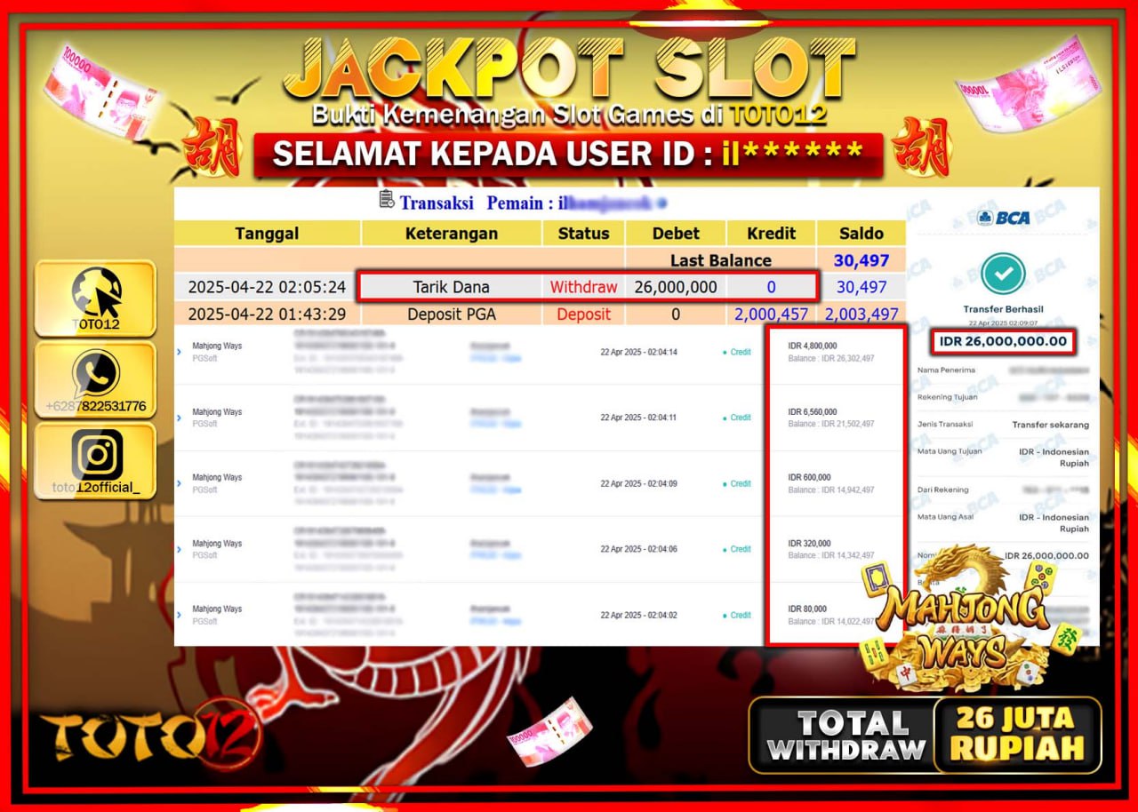 HANYA DI TOTO12 JP PASTI DI BAYAR LUNAS DAN CEPAT!!!!!! JACKPOT SLOT GAME (MAHJONG WAYS) Rp.26.000.000 !!!!