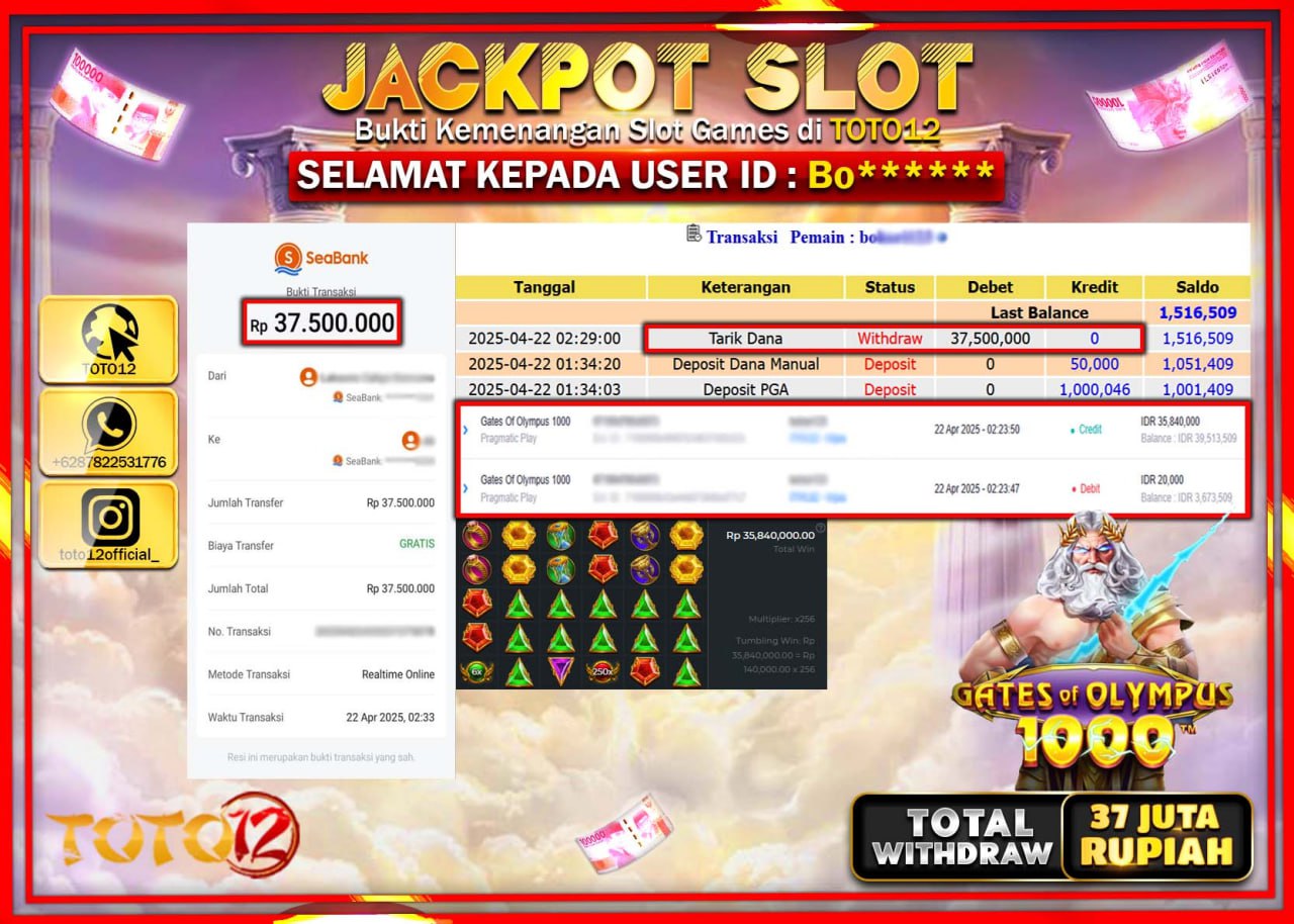 HANYA DI TOTO12 JP PASTI DI BAYAR LUNAS DAN CEPAT!!!!!! JACKPOT SLOT GAME (GATES OF OLYMPUS 1000) Rp.37.000.000 !!!!