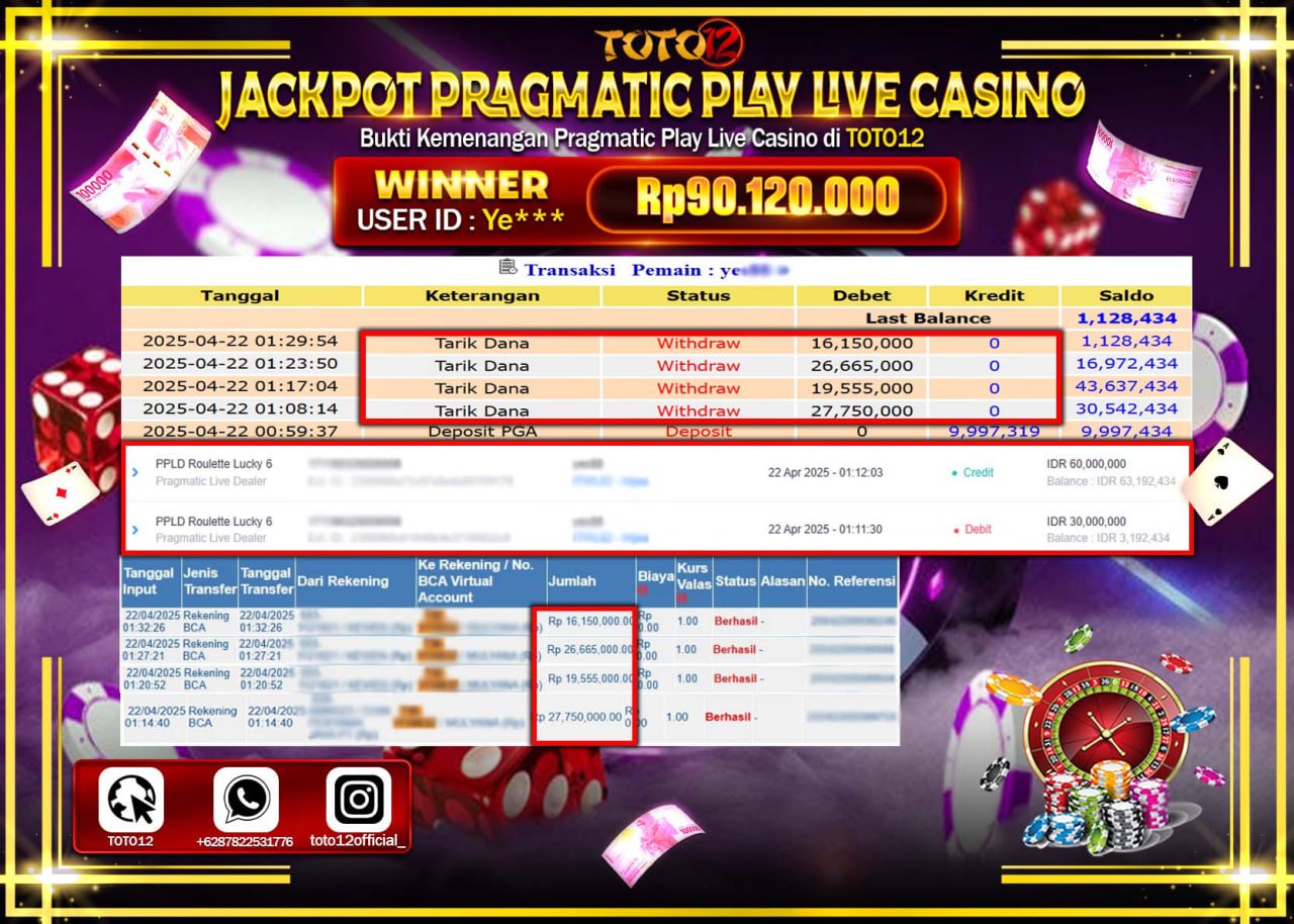 HANYA DI TOTO12 JP PASTI DI BAYAR LUNAS DAN CEPAT!!!!!! JACKPOT PRAGMATIC PLAY LIVE CASINO (ROULETTE LUCKY 6) Rp.90.120.000 !!!!