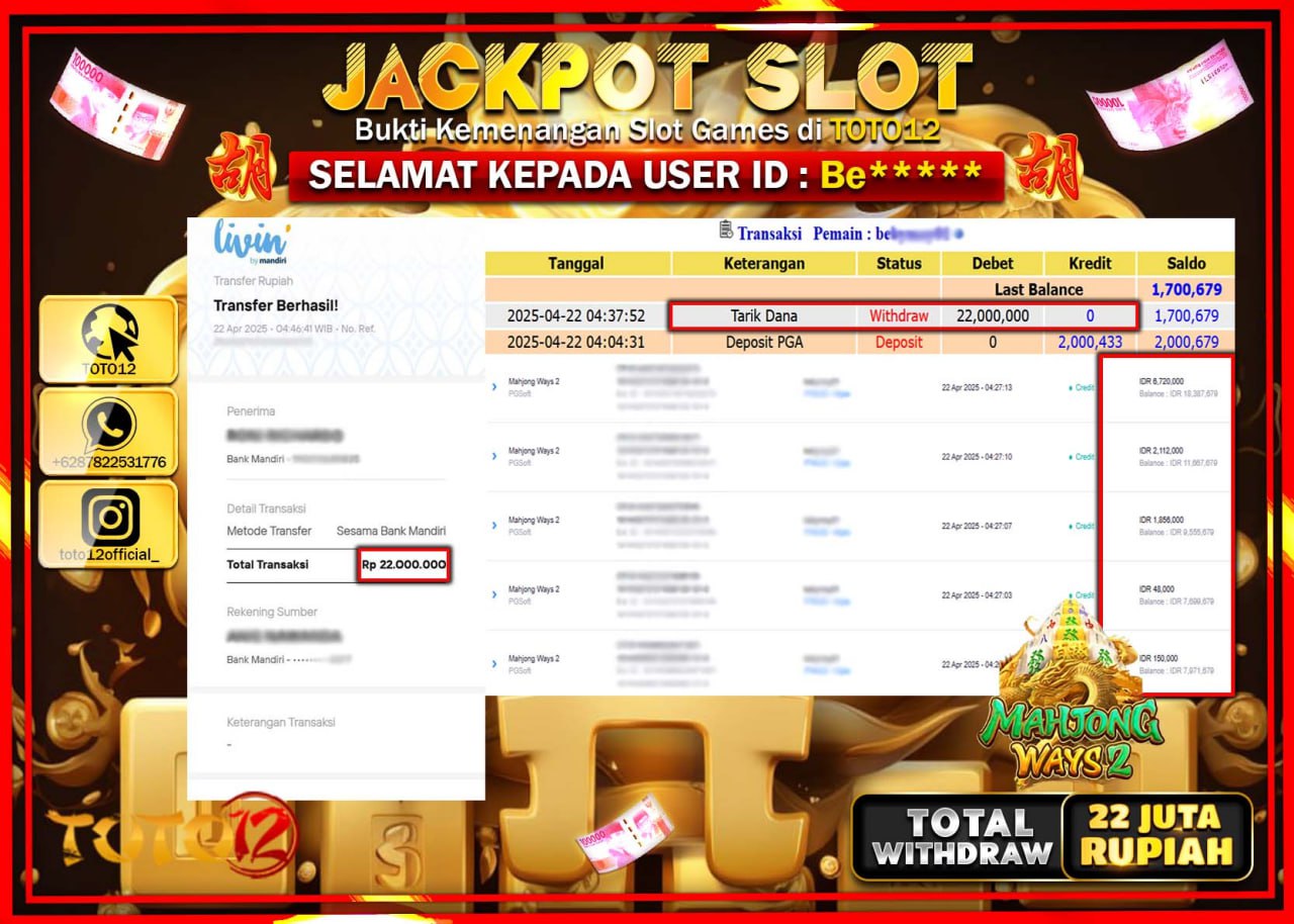 HANYA DI TOTO12 JP PASTI DI BAYAR LUNAS DAN CEPAT!!!!!! JACKPOT SLOT GAME (MAHJONG WAYS 2) Rp.22.000.000 !!!!