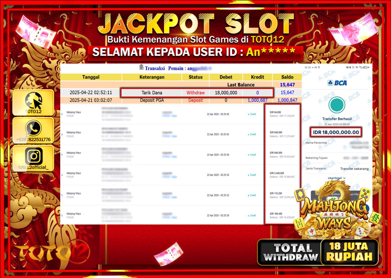 HANYA DI TOTO12 JP PASTI DI BAYAR LUNAS DAN CEPAT!!!!!! JACKPOT SLOT GAME (MAHJONG WAYS) Rp.18.000.000 !!!!