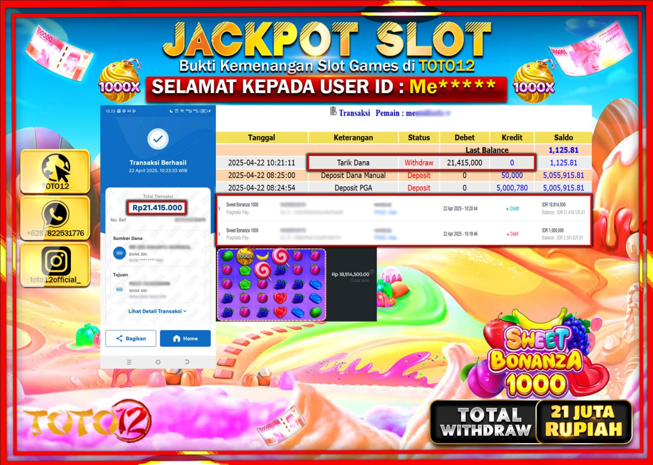 HANYA DI TOTO12 JP PASTI DI BAYAR LUNAS DAN CEPAT!!!!!! JACKPOT SLOT GAME (SWEET BONANZA 1000) Rp.21.000.000 !!!!