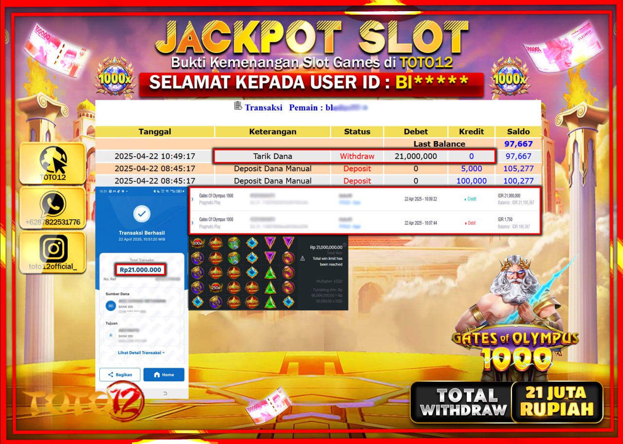 HANYA DI TOTO12 JP PASTI DI BAYAR LUNAS DAN CEPAT!!!!!! JACKPOT SLOT GAME (GATES OF OLYMPUS 1000) Rp.21.000.000 !!!!