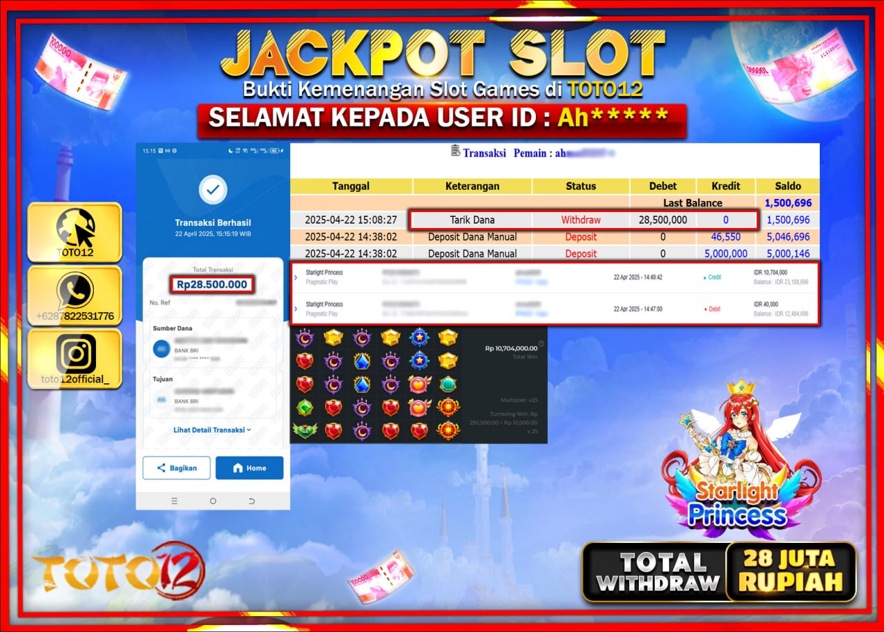 HANYA DI TOTO12 JP PASTI DI BAYAR LUNAS DAN CEPAT!!!!!! JACKPOT SLOT GAME (STARLIGHT PRINCESS) Rp.28.000.000 !!!!