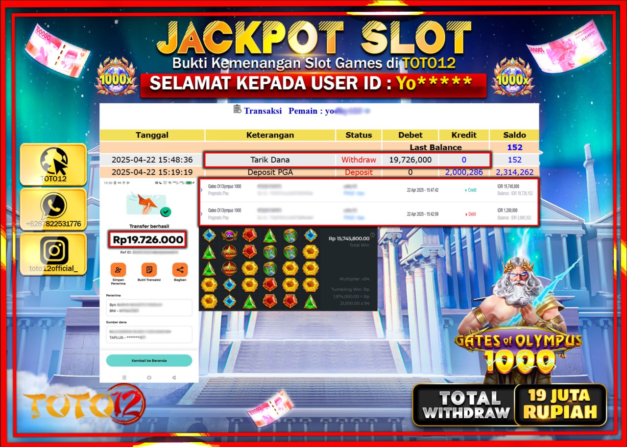 HANYA DI TOTO12 JP PASTI DI BAYAR LUNAS DAN CEPAT!!!!!! JACKPOT SLOT GAME (GATES OF OLYMPUS 1000) Rp.19.000.000 !!!!