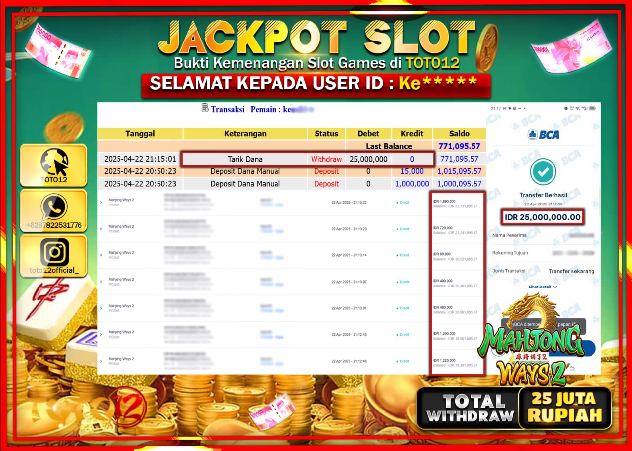HANYA DI TOTO12 JP PASTI DI BAYAR LUNAS DAN CEPAT!!!!!! JACKPOT SLOT GAME (MAHJONG WAYS 2) Rp.25.000.000 !!!!