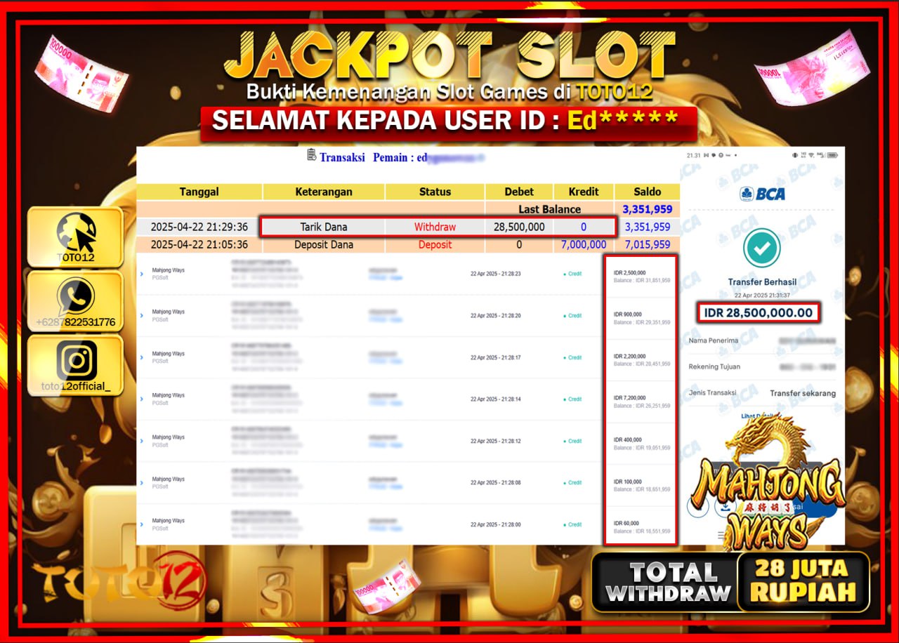 HANYA DI TOTO12 JP PASTI DI BAYAR LUNAS DAN CEPAT!!!!!! JACKPOT SLOT GAME (MAHJONG WAYS) Rp.28.000.000 !!!!