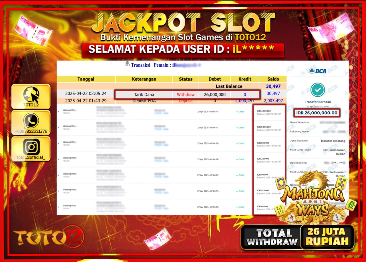HANYA DI TOTO12 JP PASTI DI BAYAR LUNAS DAN CEPAT!!!!!! JACKPOT SLOT GAME (MAHJONG WAYS) Rp.26.000.000 !!!!
