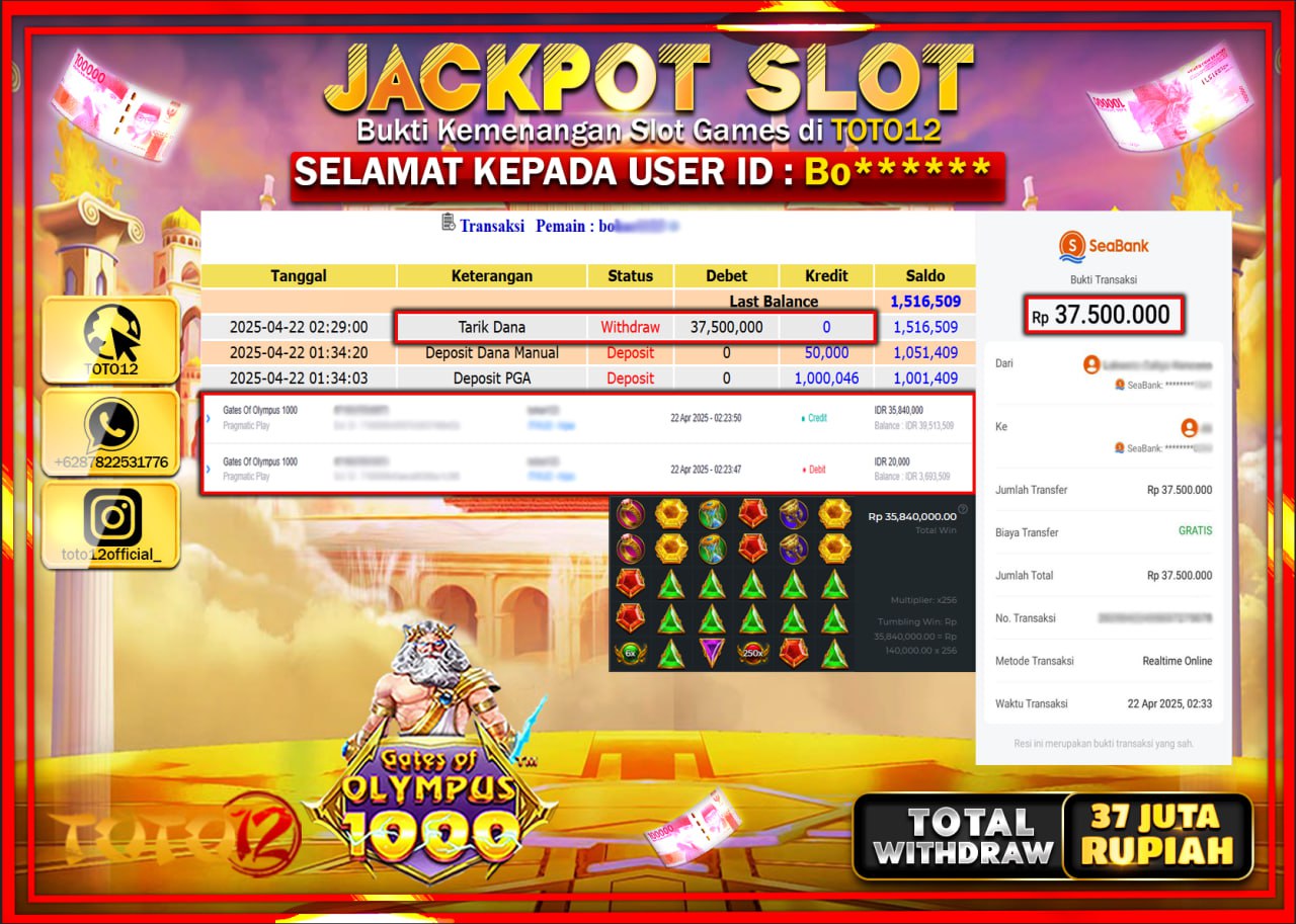 HANYA DI TOTO12 JP PASTI DI BAYAR LUNAS DAN CEPAT!!!!!! JACKPOT SLOT GAME (GATES OF OLYMPUS 1000) Rp.37.000.000 !!!!