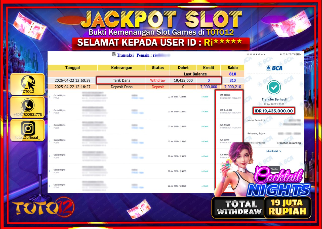 HANYA DI TOTO12 JP PASTI DI BAYAR LUNAS DAN CEPAT!!!!!! JACKPOT SLOT GAME (COCKTAIL NIGHTS) Rp.19.000.000 !!!!