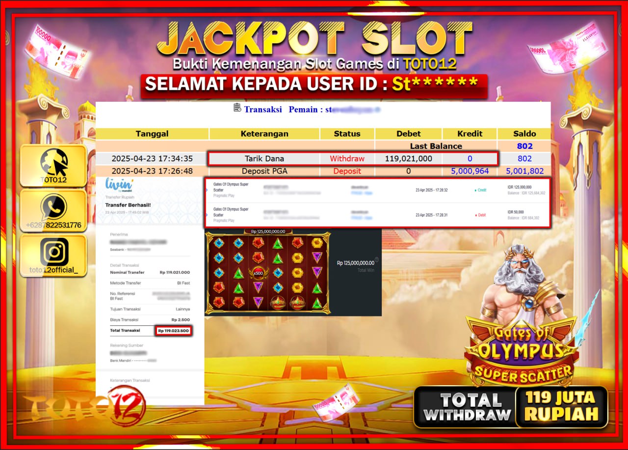 HANYA DI TOTO12 JP PASTI DI BAYAR LUNAS DAN CEPAT!!!!!! JACKPOT SLOT GAME (GATES OF OLYMPUS SUPER SCATTER) Rp.119.000.000 !!!!