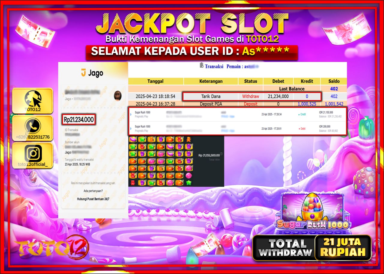 HANYA DI TOTO12 JP PASTI DI BAYAR LUNAS DAN CEPAT!!!!!! JACKPOT SLOT GAME (SUGAR RUSH 1000) Rp.21.000.000 !!!!