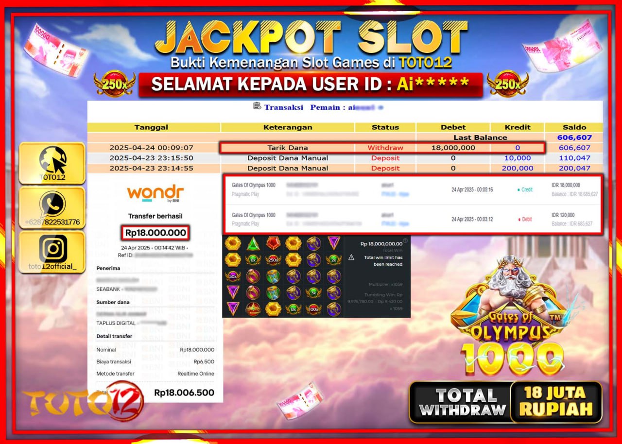 HANYA DI TOTO12 JP PASTI DI BAYAR LUNAS DAN CEPAT!!!!!! JACKPOT SLOT GAME (GATES OF OLYMPUS 1000) Rp.18.000.000 !!!!