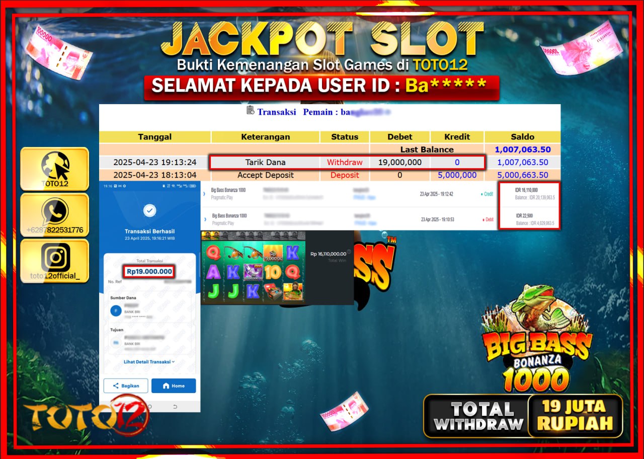 HANYA DI TOTO12 JP PASTI DI BAYAR LUNAS DAN CEPAT!!!!!! JACKPOT SLOT GAME (BIG BASS BONANZA 1000) Rp.19.000.000 !!!!
