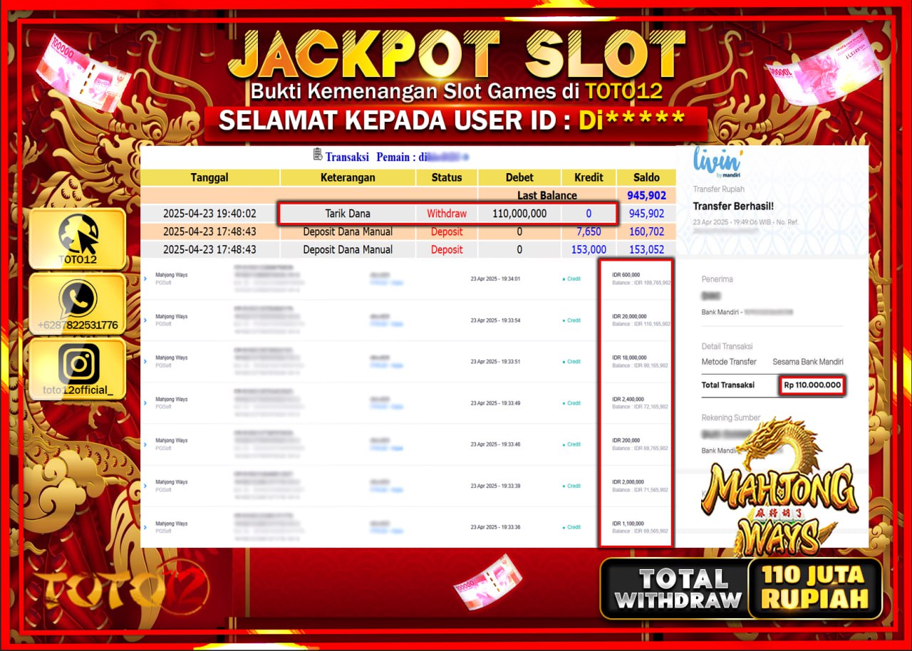 HANYA DI TOTO12 JP PASTI DI BAYAR LUNAS DAN CEPAT!!!!!! JACKPOT SLOT GAME (MAHJONG WAYS) Rp.110.000.000 !!!!