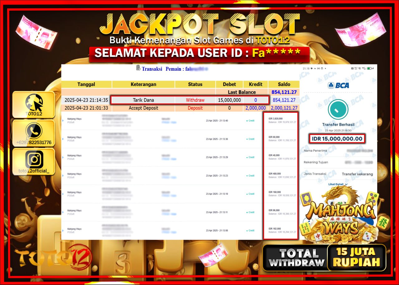 HANYA DI TOTO12 JP PASTI DI BAYAR LUNAS DAN CEPAT!!!!!! JACKPOT SLOT GAME (MAHJONG WAYS) Rp.15.000.000 !!!!