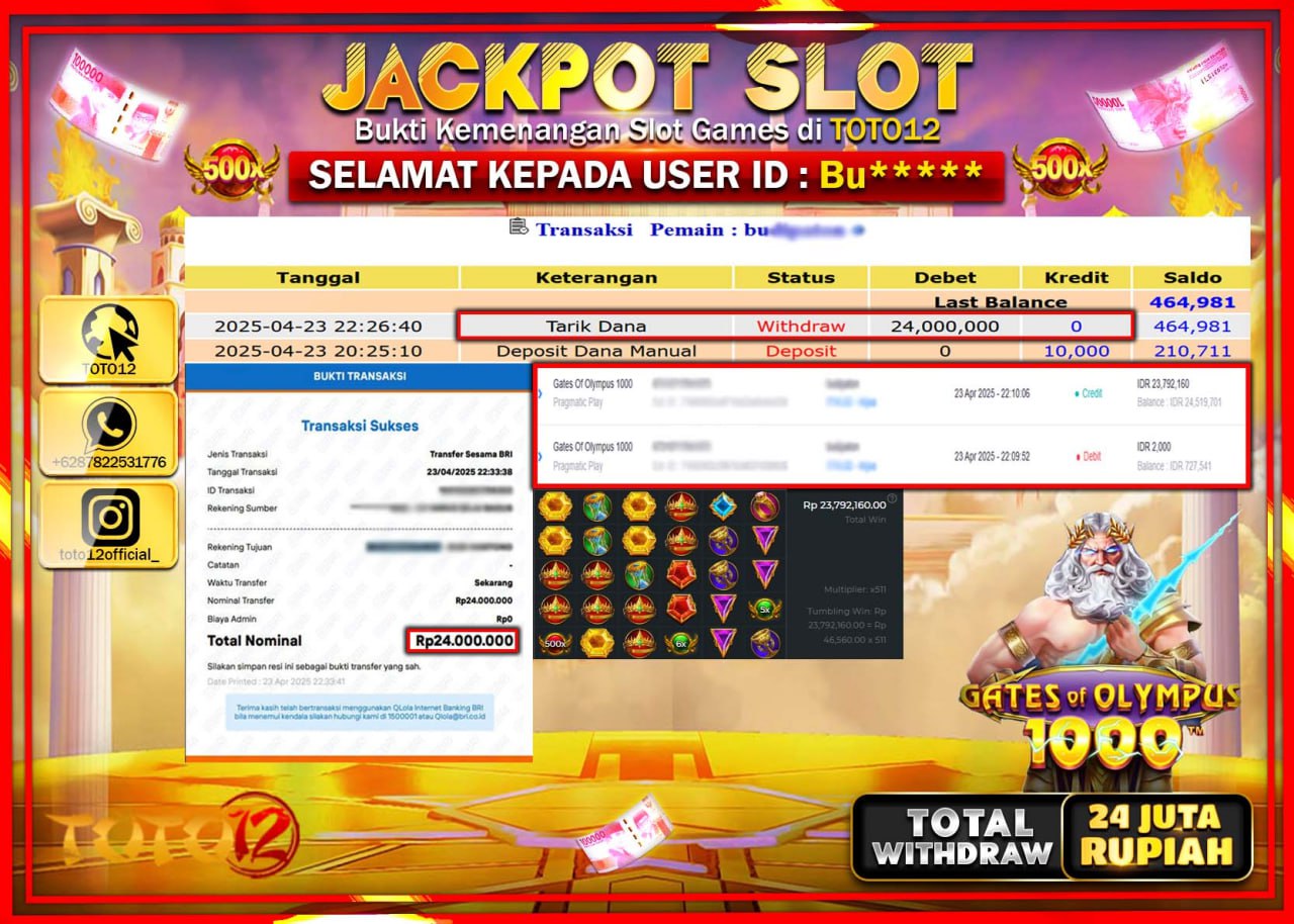 HANYA DI TOTO12 JP PASTI DI BAYAR LUNAS DAN CEPAT!!!!!! JACKPOT SLOT GAME (GATES OF OLYMPUS 1000) Rp.24.000.000 !!!!
