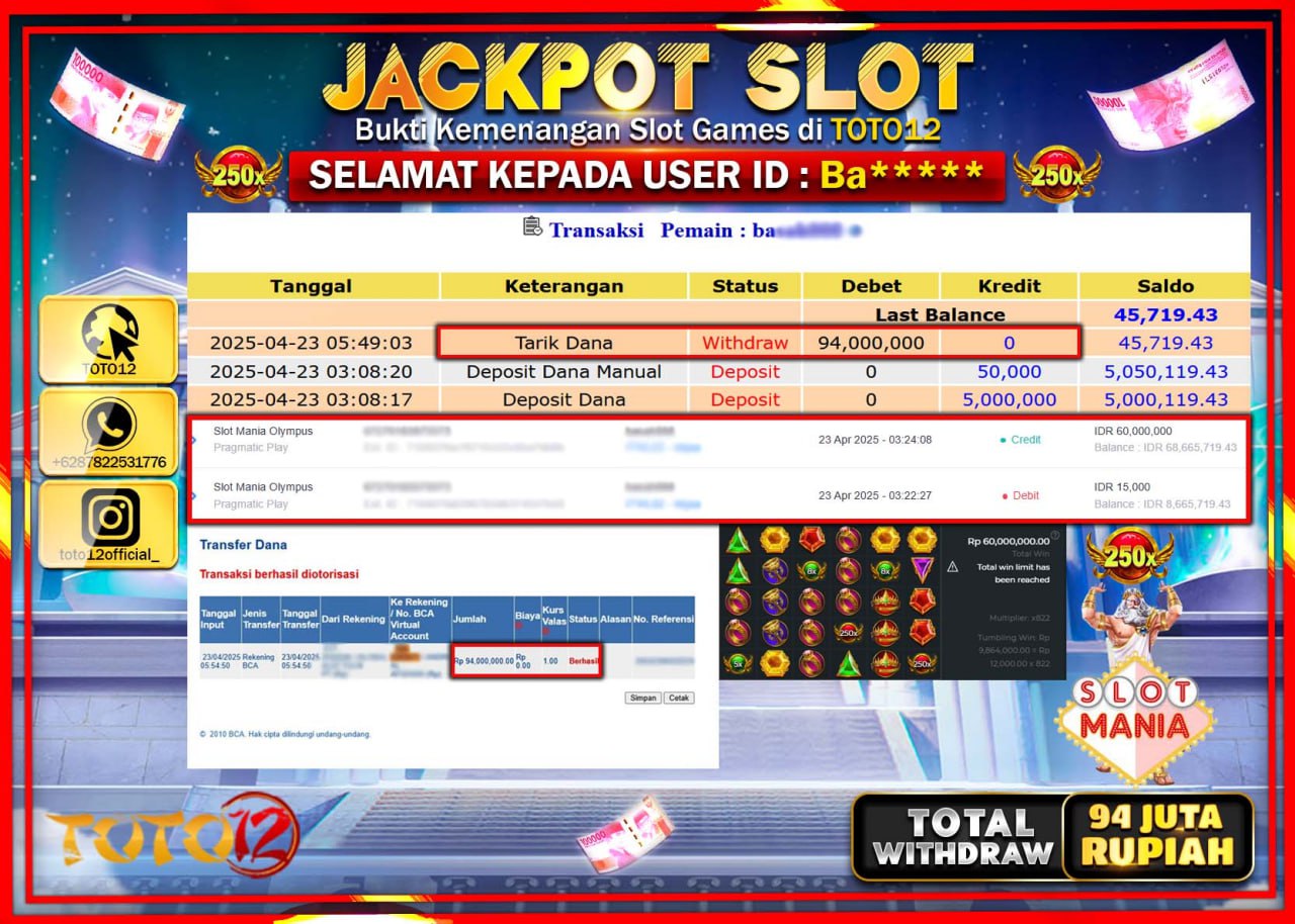 HANYA DI TOTO12 JP PASTI DI BAYAR LUNAS DAN CEPAT!!!!!! JACKPOT SLOT GAME (SLOT MANIA OLYMPUS) Rp.94.000.000 !!!!