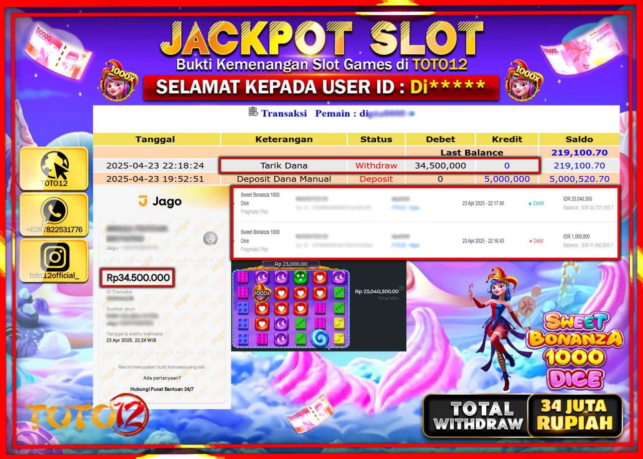 HANYA DI TOTO12 JP PASTI DI BAYAR LUNAS DAN CEPAT!!!!!! JACKPOT SLOT GAME (SWEET BONANZA 1000 DICE) Rp.34.000.000 !!!!