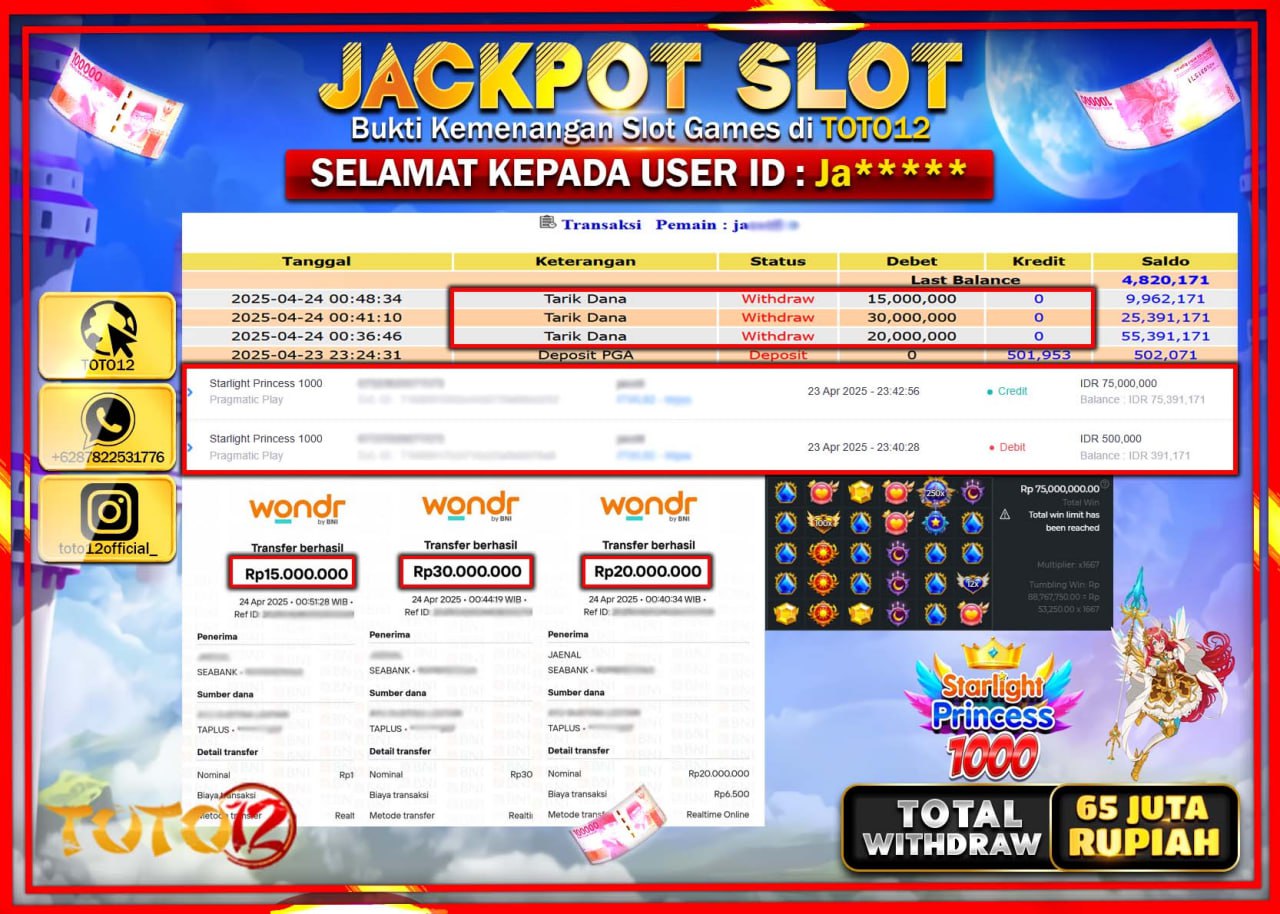 HANYA DI TOTO12 JP PASTI DI BAYAR LUNAS DAN CEPAT!!!!!! JACKPOT SLOT GAME (STARLIGHT PRINCESS 1000) Rp.65.000.000 !!!!