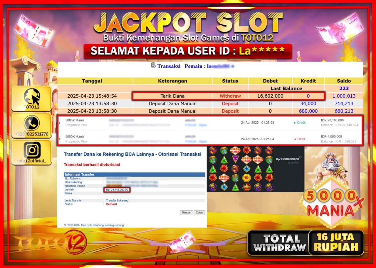 HANYA DI TOTO12 JP PASTI DI BAYAR LUNAS DAN CEPAT!!!!!! JACKPOT SLOT GAME (5000X MANIA) Rp.16.000.000 !!!!